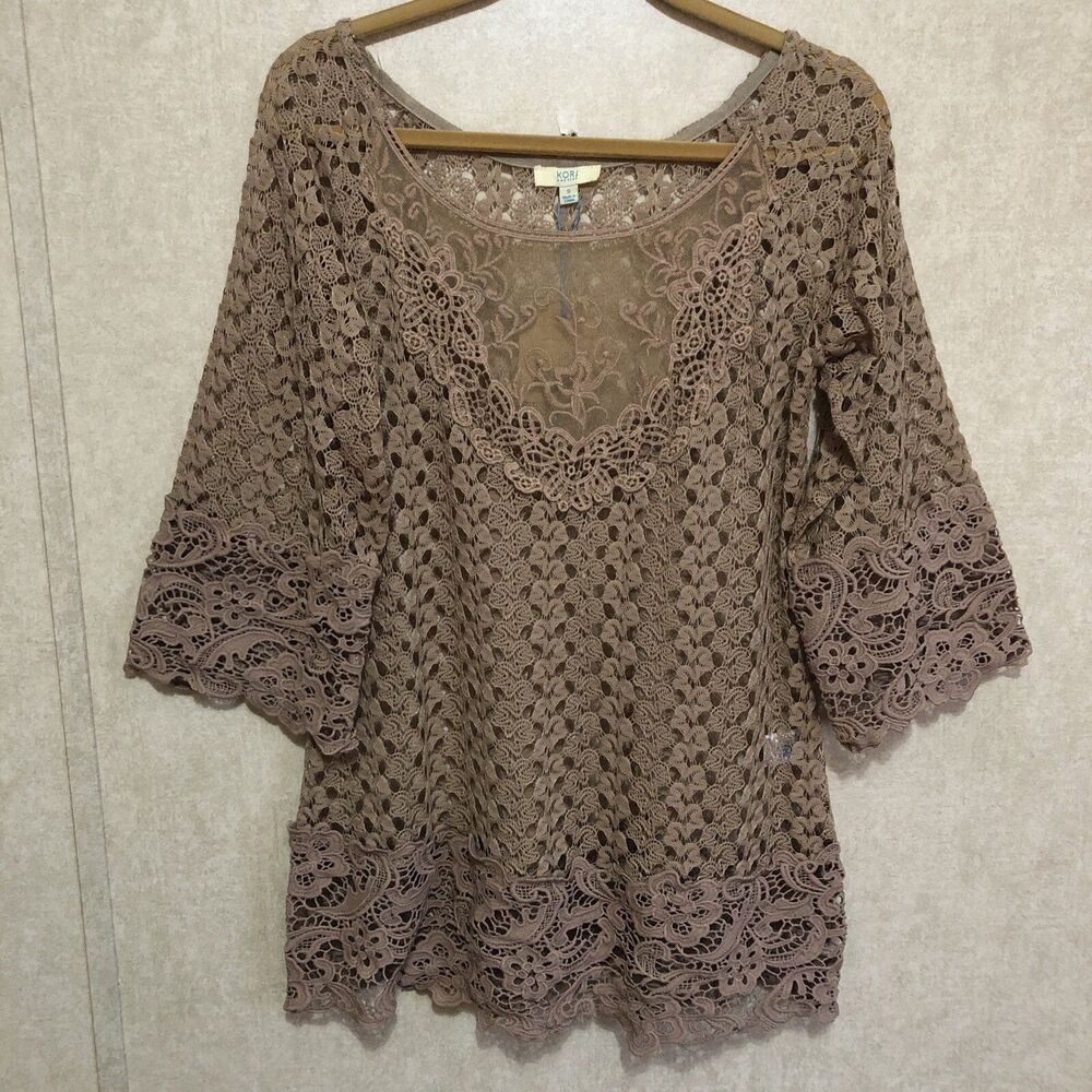 Kori America Womens Crochet Lace Tunic Blouse Small Mocha Tan 3/4 Sleeve NWT